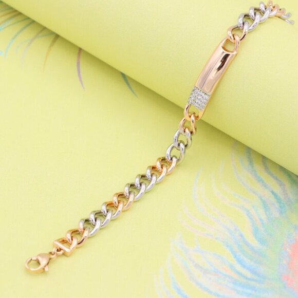 "Rose Gold & Silver Chain Bracelet with Crystal Accent Bar, XPBL0836 - Picture 5 of 13